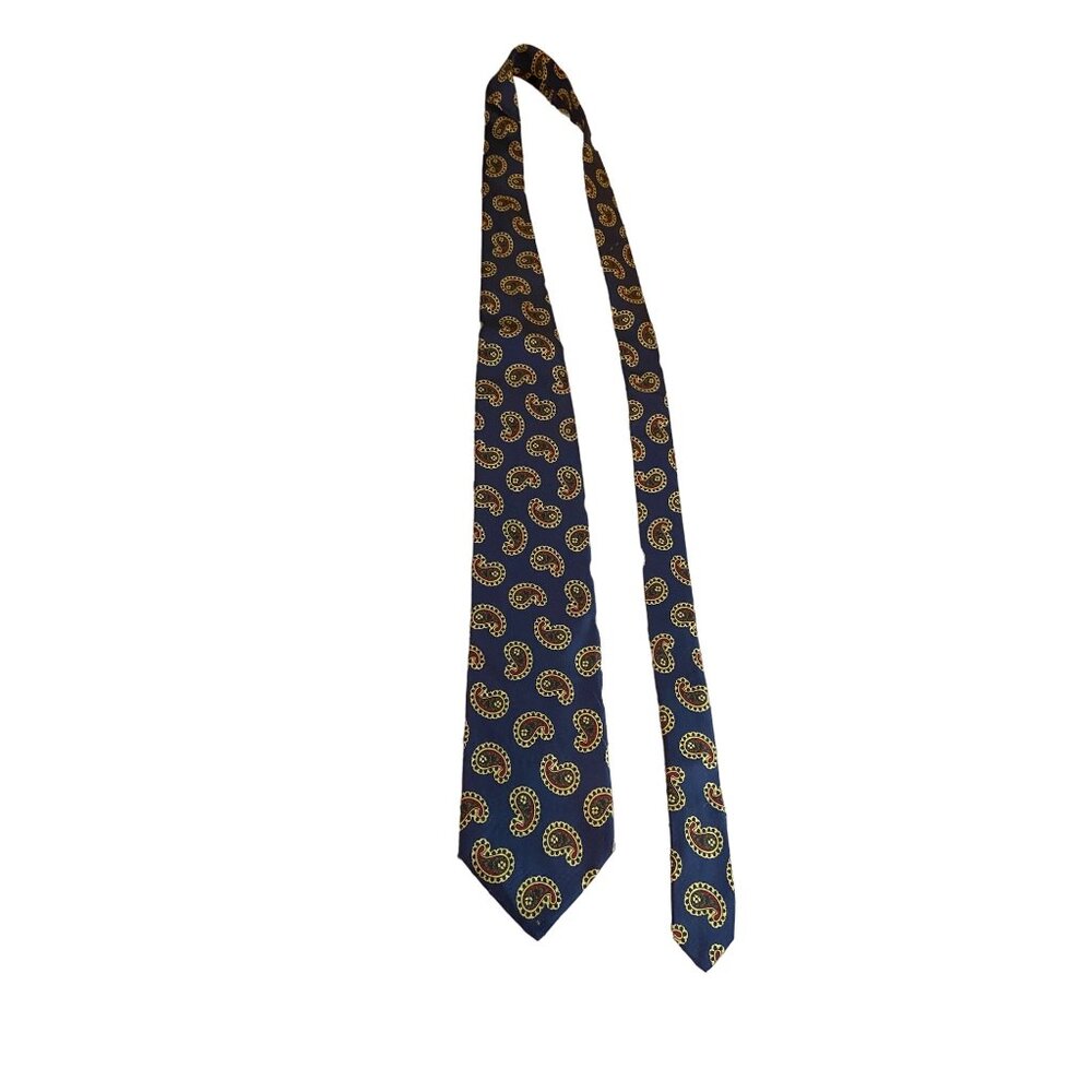 Lands End 100% Silk Paisley Tie Navy Gold USA Sewn Vintage USA Work Dad Gift